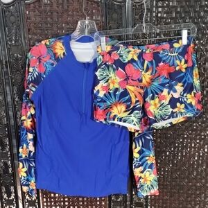 Royal Blue Long-Sleeve Rash Guard with Tropical Floral Swim Boy Shorts Med